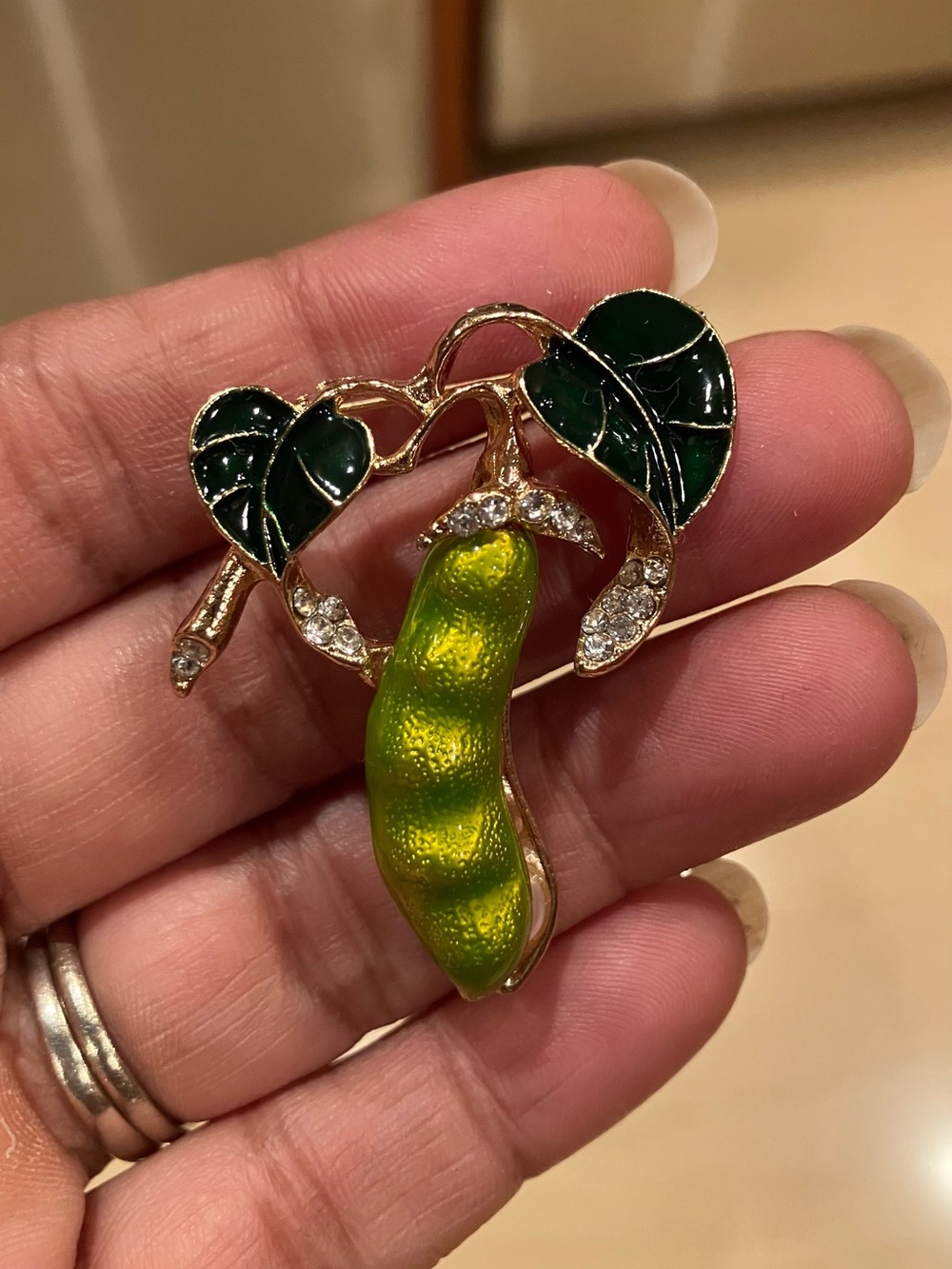 Green Enamel Peapod with Manmade Pearls Brooch - Green
